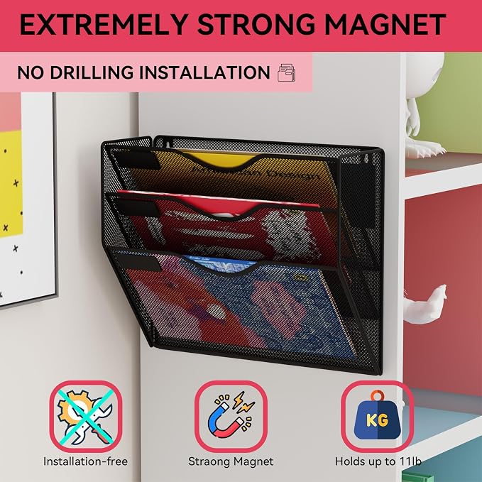 3-Tier Magnetic File Holder, No Drilling Wall File Organizer, File Folder Bins, Mail & Magazine Rack, Magnetic Paper Document Holder for Refrigerator File Cabinets Whiteboard, Black