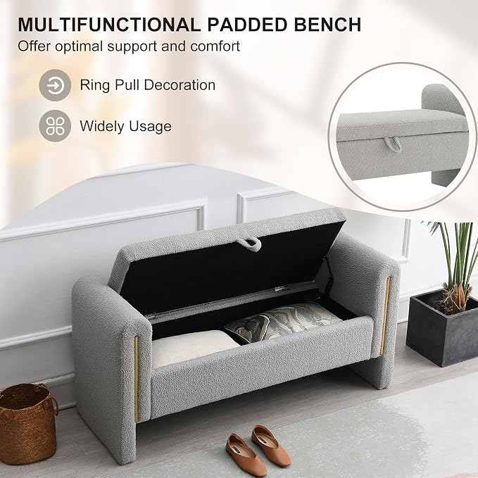 NIOIIKIT 52" Storage Ottoman Bench, Teddy Upholstered Storage Bench with Armrest, Entryway Bench with Pull-Ring, End of Bed Bench with Padded Cushion, Window Bench for Living Room (Grey)