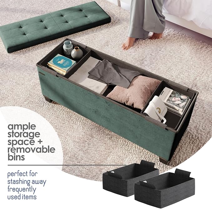 Storage Ottoman Bench with Bins, 43-in Storage Bench for Bedroom End of Bed, Folding Foot Rest Ottoman for Living Room Max 660lbs, Velvet Ottomans, Green
