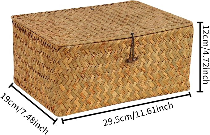 FEIALNDUO Wicker Shelf Baskets with Lid,Seagrass Storage Basket Bins Rectangular Handwoven Basket Boxes for Shelves Desktop Home Organizer (Natural, Medium)