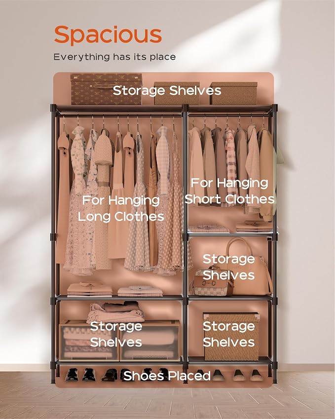 CASAMAYA Clothes Rack, Portable Closet, 44.9 Inch Large Capacity Wardrobe Closet, Clothes Storage Organizer with Shelves and 2 Hanging Rods, Easy to Assembly, Black PCT021B01