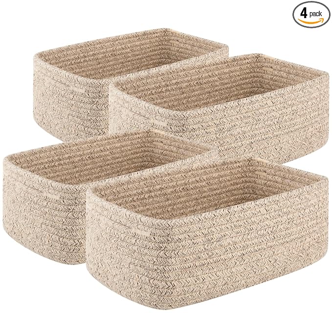 OIASKET 4 Pack Small Storage Shelf Baskets for Organizing, Mini Woven Rope Storage Bins for Towels, Cute Decorative Closet Organizer，Baby Nursery, Gift Empty Baskets -13.78''Lx9.84''Wx5.51''H-Brown