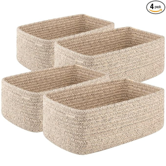 OIASKET 4 Pack Small Storage Shelf Baskets for Organizing, Mini Woven Rope Storage Bins for Towels, Cute Decorative Closet Organizer，Baby Nursery, Gift Empty Baskets -13.78''Lx9.84''Wx5.51''H-Brown
