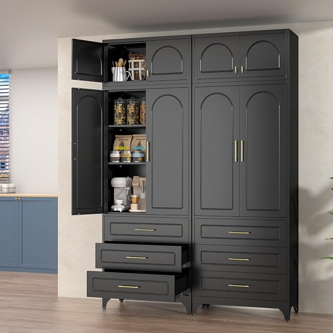 Polup Kitchen Pantry Cabinet, 90" Tall Metal Storage Cabinet with 3 Drawers | Black Heavy-Duty Steel Cupboard, 4 Doors, 2 Adjustable Shelves, Magnetic Latch, Gold Handles, for Dining Living Room, Laundry