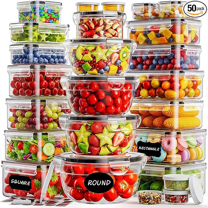 50 PCS Food Storage Containers with Lids (25 Containers & 25 Lids) - Reusable Plastic Food Containers for Kitchen Storage and Organization BPA-Free Leakproof Meal Prep Container with Labels & Pen