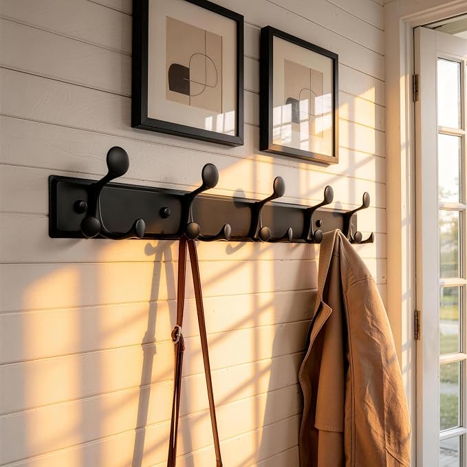 SKOLOO 15 Hooks Wall Mounted Coat Rack, 30 Inch Modern Coat Hanger for Entryway, Bathroom, Garage, Lightweight with 16 Inch Stud Spacing Design, Matte Black