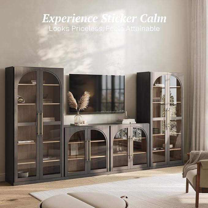BELLEZE 4-Piece Modular TV Stand Set - 2 Arched Glass Door Sideboard Buffet and 2 Tall Storage Cabinets, Classic Modern Modular Entertainment Center with Adjustable Shelves for Living Room(Ebony)