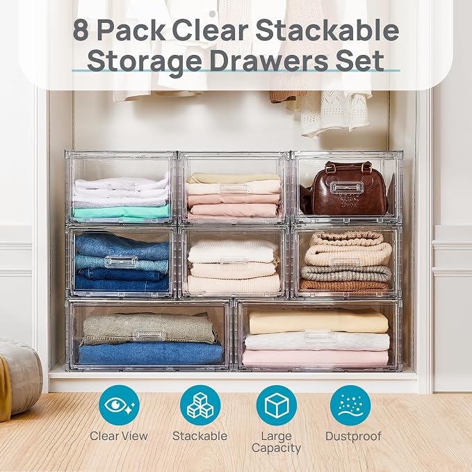 Vtopmart 8 Pack Large & Medium Stackable Storage Drawers Set | Easy Assembly Clear Plastic Storage Cabinet, Durable Dresser for Closet, Bedroom, Entryway, Playroom & Apartment Organization