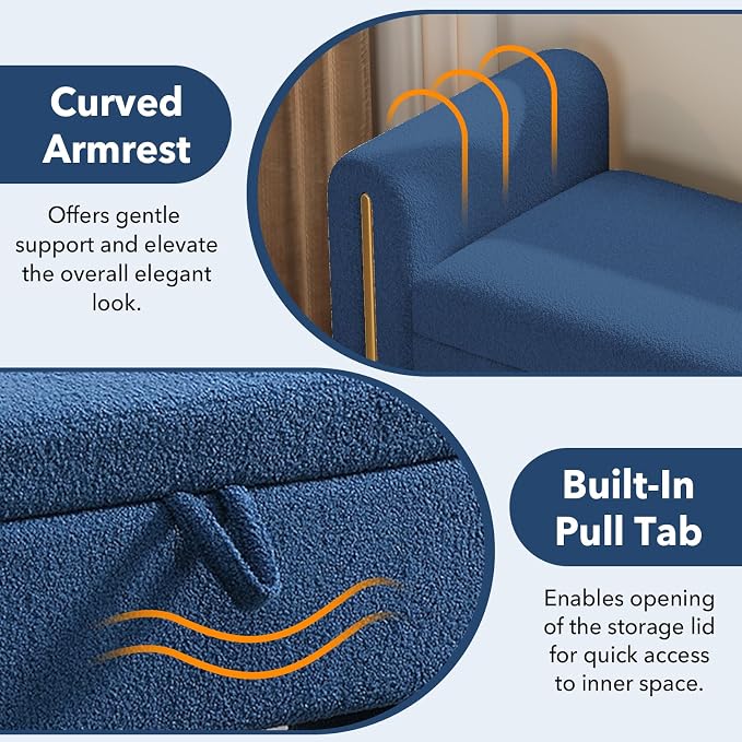 52" Flip-Top Storage Ottoman Bench, Teddy Entryway Bench (Blue) | Teddy Fleece Upholstered End of Bed Bench with Armrests, Soft Padded Window Bench for Living Room Bedroom Entryway