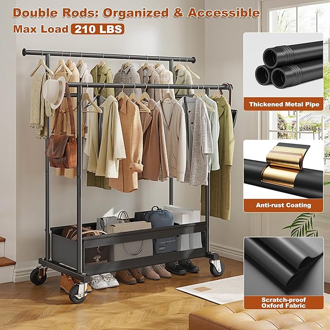 Clothes Rack 210 LBS Double Rods Extra Storage Basket | Rustproof Coated Steel, Anti-bending Design, 360° Sturdy Wheels, 10-Min Tool-Free Assembly, Metal Garment Rack for Home