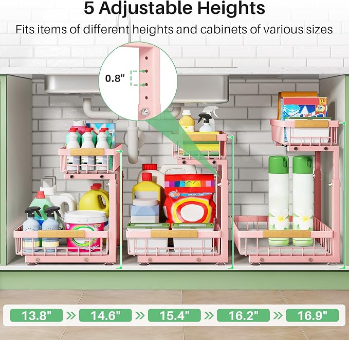 Kitstorack Under Sink Organizer, 2 Tier Under the Sink Storage, Slide out Pull out Cabinet Organizer Shelf, Metal Sliding Drawer for Kitchen Bathroom Pantry Closet Organization Rack, Pink, 2 Pack