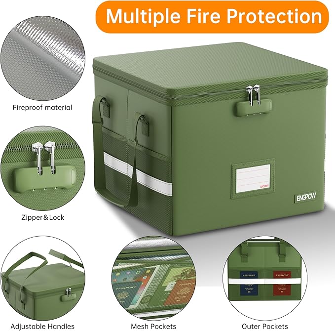 ENGPOW 5200°F File Box Fireproof Document Box with Lock,Heat Insulated Collapsible File Storage Organizer Box with Handle,Portable Home Office File Cabinet for Hanging Letter/Legal Size Folder, Green