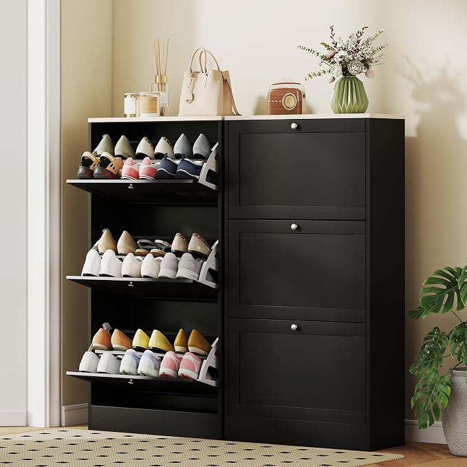 HOMCOM Narrow Shoe Storage Cabinet for Entryway with 3 Flip Drawers and Adjustable Shelves, Shoe Rack Organizer for 18 Pairs of Shoes, Black