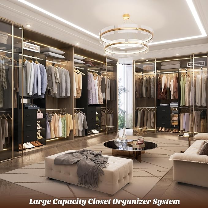 Aheaplus Closet System, Closet Organizer with 3 Wooden Drawers, 8FT Closet Organizer System, 96’’ Walk-in Closet Wardrobe Clothes Rack with Hanging Rods, Adjustable Garment Rack, Fits 5.3-9 ft, Black