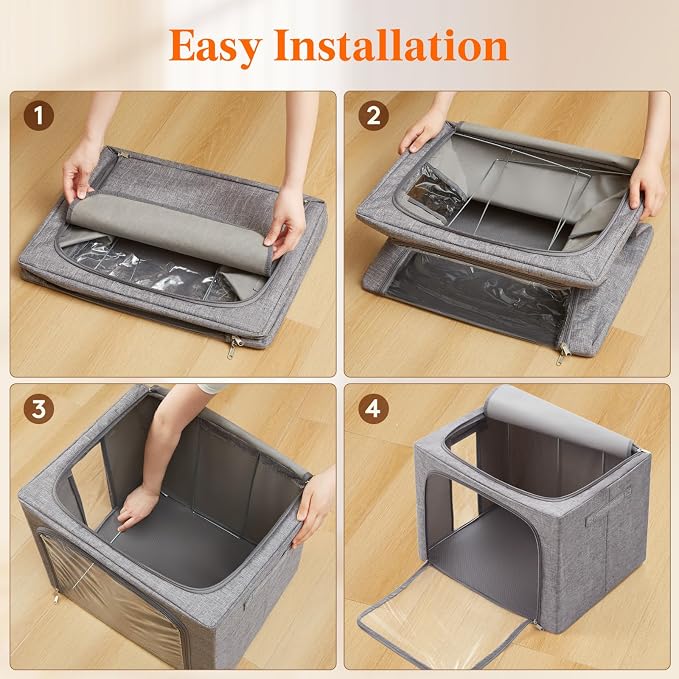 Lifewit Clothes Storage Bins with Metal Frame, Stackable Storage Box, Foldable Clothing Storage Bins with Lids, 100L Storage Bags Fabric Box Organizer with Clear Window＆ Zippers＆ Sturdy Handles 4 Pack