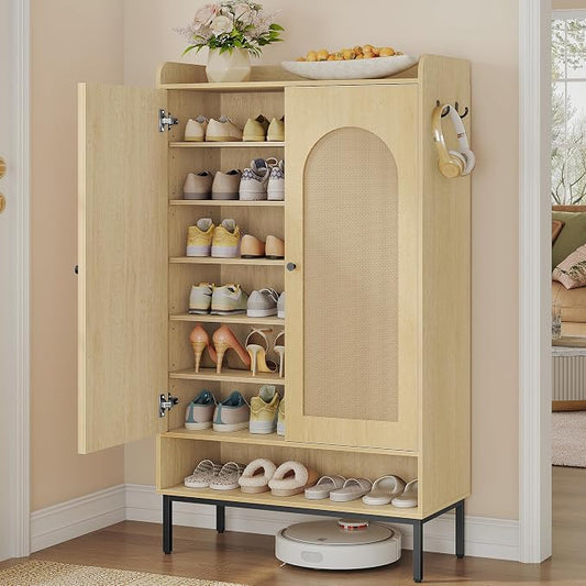 Hzuaneri Shoe Cabinet, 7-Tier Shoe Storage Cabinet with Adjustable Shelves | Wooden Shoes Organizer Cabinets with Doors & Top Storage Layer, 28-32 Pairs, for Entryway, Hallway, Rattan SR68702Y