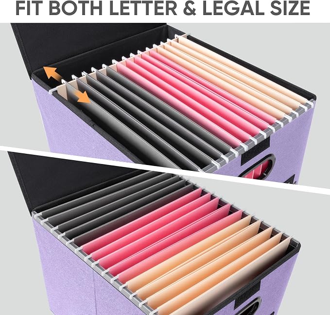 BALEINE File Organizer Box with Lid, Collapsible File Folder Organizer with Plastic Slide, Hanging File Folder Box for Office Document Storage (2 Pack, Purple)