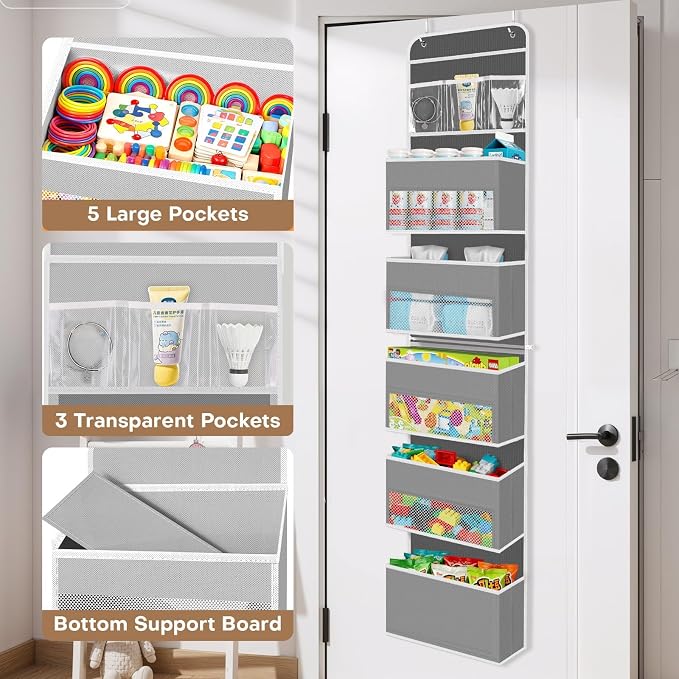 Over the Door Organizer, Large Pocket Hanging Storage with 40lb Capacity | Space Saving Door Storage for Nursery, Bathroom, Bedroom and Closet, Baby Essentials and Toiletry Organizer, Grey