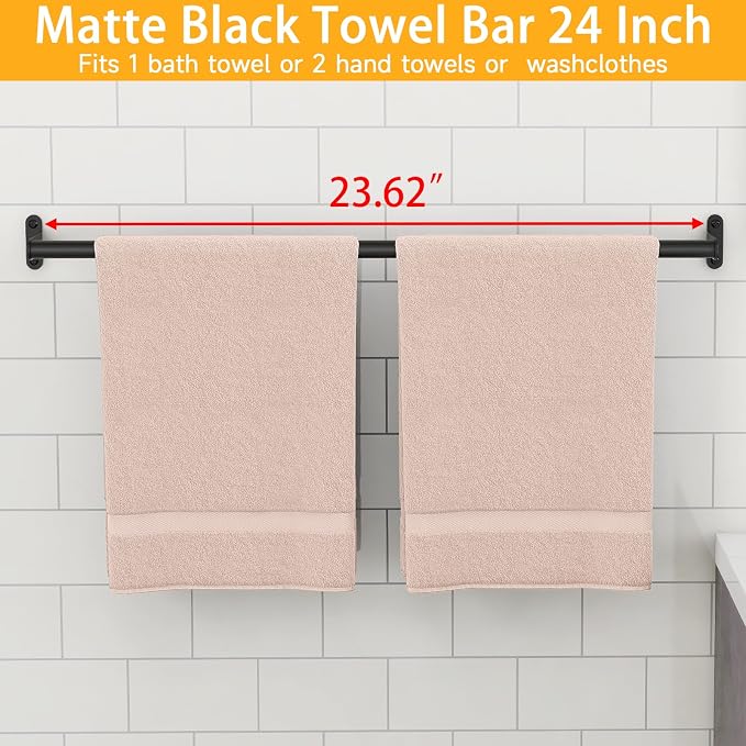 MKO Towel Bar for Bathroom Wall, 24 Inch Single Towel Rod Rack, Black | Heavy Duty Stainless Steel, Towel Racks for Bathroom, Wall Mounted, Hand Towel Holder