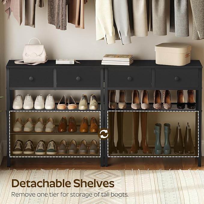 4 Tier Shoe Rack, Large Capacity Shoe Storage Organizer, Metal Shoe Shelf with Drawer and Wooden Top, for 16 Pairs of Shoes, for Entryway, Closet, Black SS24BB
