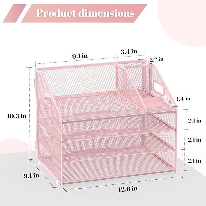 4 Tier Mesh Desk Organizer with Pen Holder and Handle Letter Tray | Metal desktop document shelf and paper sorter. Premium mesh workspace storage for office, home, and classroom