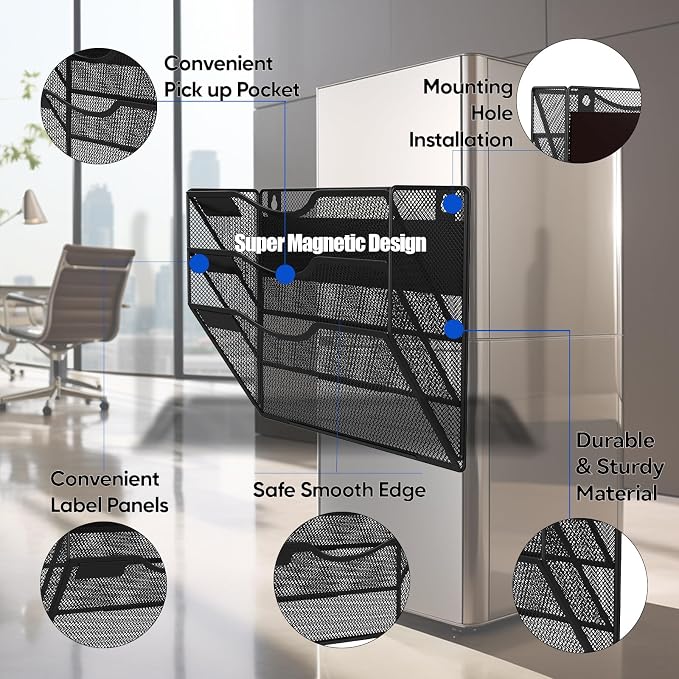 3-Tier Magnetic File Holder, No Drilling Installation File Cabinet Organizer, Black Magnetic File Organizer, Magazine Rack, Magnetic Paper Holder for Refrigerator, File Cabinets, Whiteboard