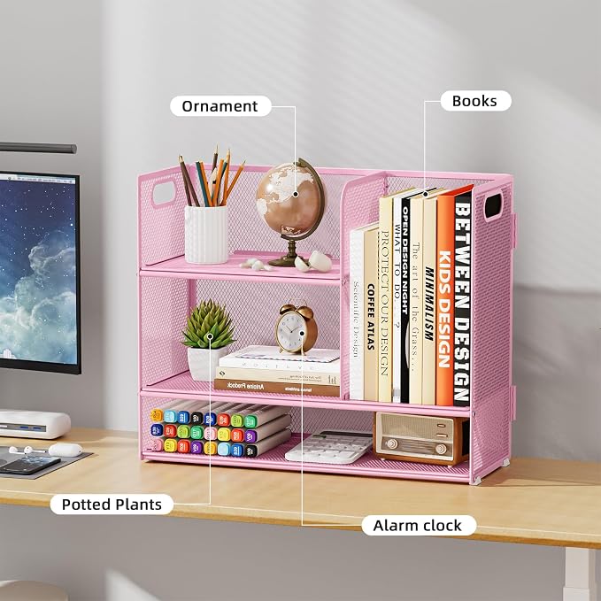 Marbrasse Desk Shelf Organizer with Handle, Bookshelf File Holder, Pink | 3-Tier Desktop Mesh Display Shelf Organizer Storage Rack for Office, Home, Supplies, Kitchen