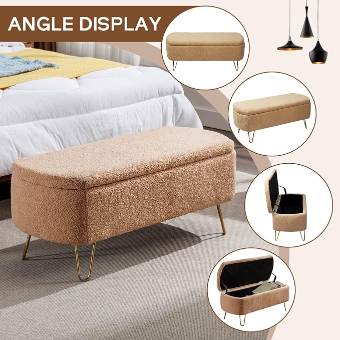 Modern Storage Ottoman Bench, Vintage Boucle Upholstered Entryway Bench, End of Bed Bench with Gold Legs, Padded Bench with Storage for Living Room, Bedroom, Entryway (Camel)