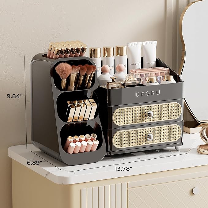 UFORU Makeup Organizer Countertop with Brush Holder for Vanity Bathroom | Large Capacity, Thickened Plastic, 2 Rattan Drawers, Compact Size, Detachable Brush Holder, Divided Compartments, Easy Access