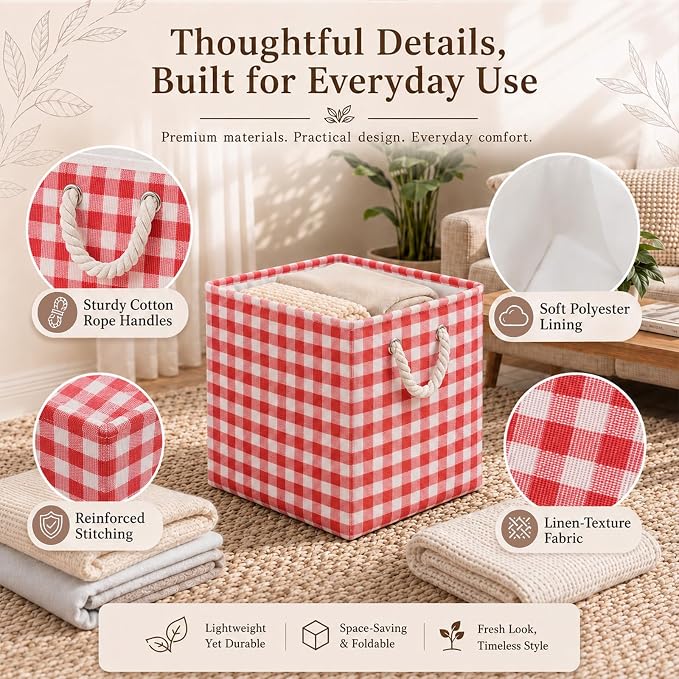 6 Pack Gingham Storage Bins, 11 Inch Cube Fabric Storage Baskets | Foldable Fabric Cube Baskets with Reinforced Handle,Checkered Classroom Storage Bins, for Shelves, Closets, Room Organization
