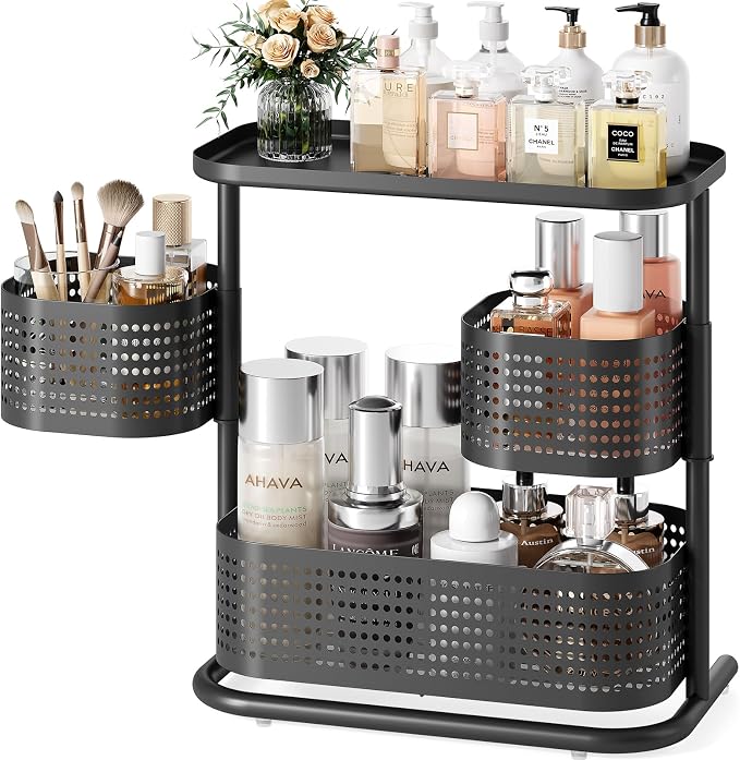 KINGRACK Metal Bathroom Counter Organizer，Rotating Countertop Storage Shelf | 3 Tier, Cosmetic Holder for Skincare & Makeup, Kitchen Spice Rack, Bedroom Nightstand Organizer, Black