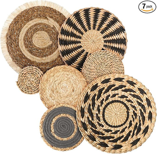 7 Pcs Boho Wall Basket Decor Decorative Hanging Woven Wall Basket Decor Round Farmhouse Hanging Baskets Handmade Woven Baskets Walls Decorative for Kitchen Rustic Home Summer Decorations