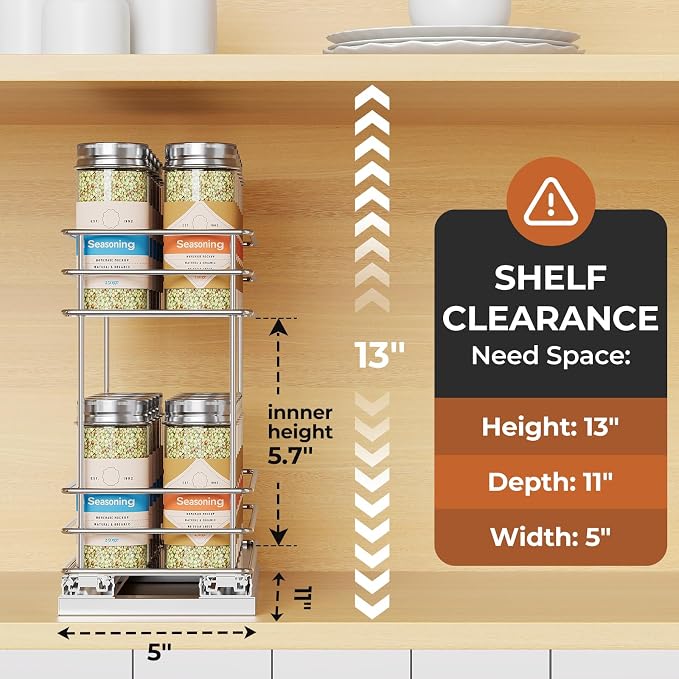 Mystozer Pull Out Spice Rack Organizer for Cabinet, Slide Out Spice Racks, Easy to Install, 4.33" Wx10.43 Dx8.66 H, 1 Drawer 2 Tiers(Silver)