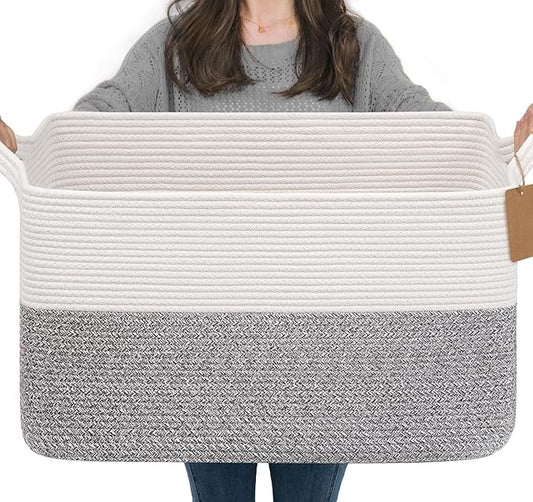Goodpick Extra Large Woven Rope Storage Basket, Rectangle, Light Gray | 75L, 22 × 17 × 12 in, Cotton Rope, Reinforced Handles, Blankets, Pillows & Clothes Storage, Blankets & Living Room Decor