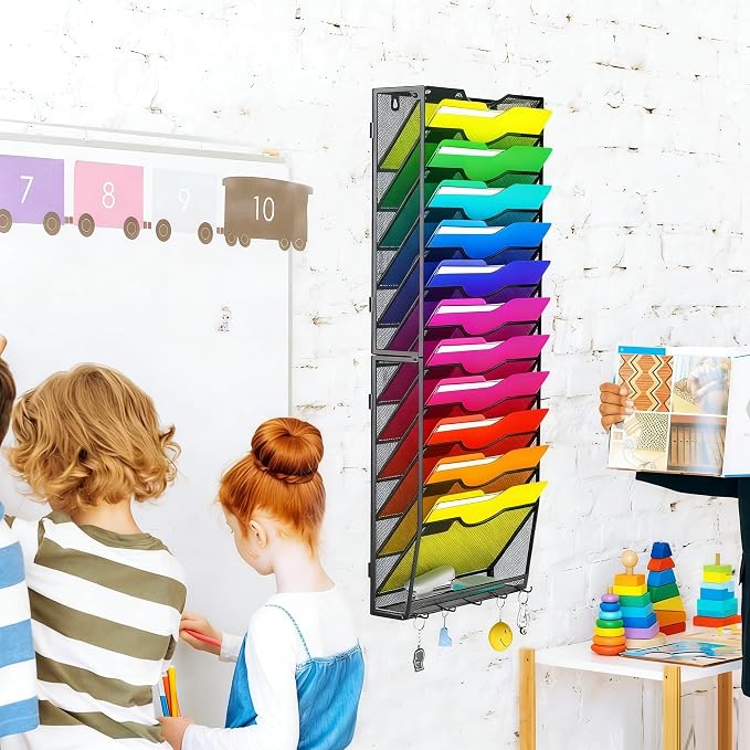 Gawerk Hanging Wall File Organizer, 12+1 Tier | 5 Hooks, Wall Mounted, Sturdy Mesh, For Office Home