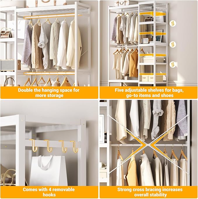 Bamboo Clothes Rack Garment Rack for Hanging Clothes, Heavy Duty Clothing Rack with 7 Tiers Adjustable Shelves, Double Rods, 4 Hooks, Freestanding Closet System Organizer Wardrobe, White