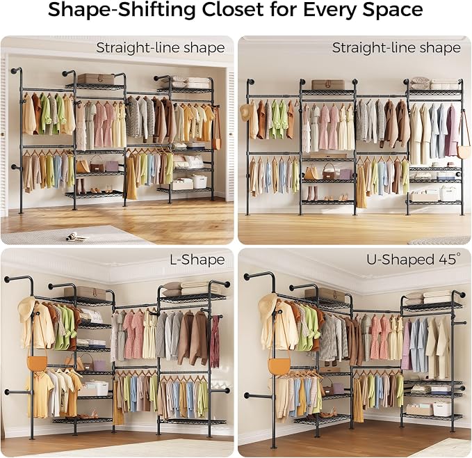 Closet Organizers and Storage, 4-Row Heavy Duty Clothes Rack for Hanging Clothes, Wall Mounted Closet System with 4 Telescopic Rods, 2 Fixed Rods, 5 Hooks, 8 Shelves for Wardrobe, Bedroom, Small Space