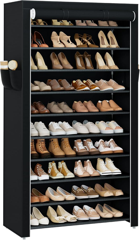 CASAMAYA Shoe Rack with Covers, 10 Tiers Tall Shoe Rack Organizer, Large Capacity Shoe Shelf Storage, Hold 40 Pairs of Shoes, Vertical Shoe Storage Organizer for Closet, Entryway, Black, SRT104B01