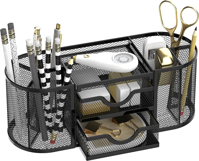 SUPEASY Mesh Desk Organizer, Desk Organizers and Accessories, Pen Holder with Drawers, Pencil Holder for Desk with 2 Drawer for Office Supplies, Black
