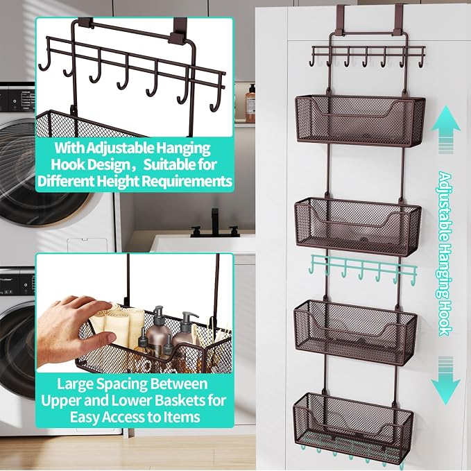 HapiRm Over The Door Organizer - Hanging Door Organizer with 4 Metal Large Capacity Baskets and Adjustable Coat Hook for Bathroom Bedroom Kitchen Pantry Closet Cabinet