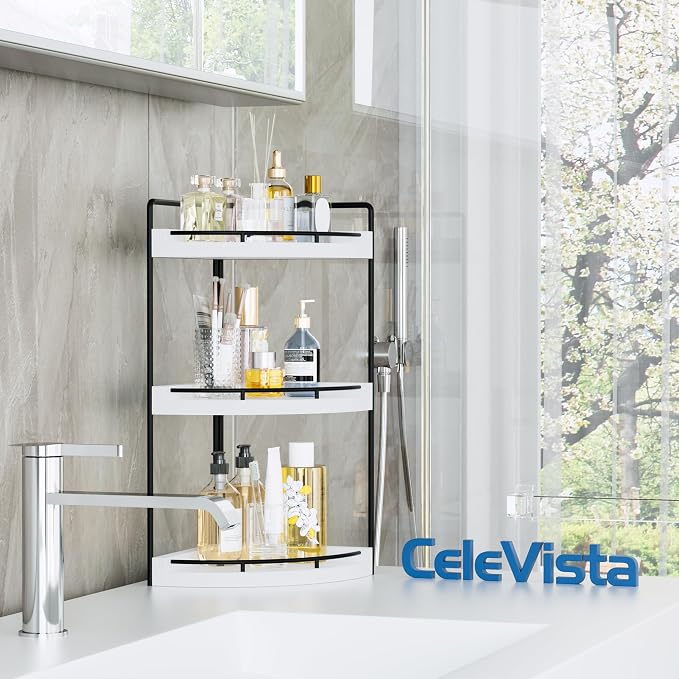 Corner Bathroom Counter Organizer, 3 Tier Bathroom Sink Shelf Countertop, Wood Vanity Skincare Storage for Toiletries Decor, Makeup, Dresser (White)