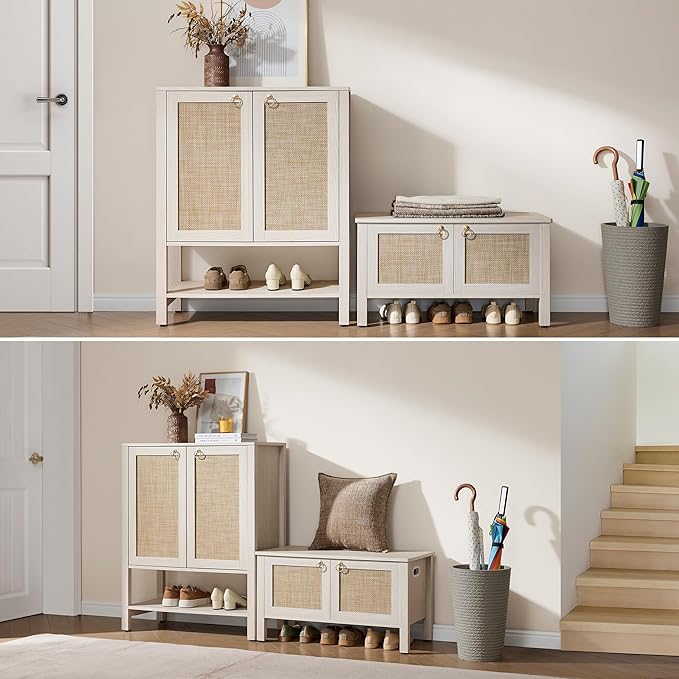 SICOTAS Rattan Shoe Cabinet with Storage, 5 Tier, White Cream Oak | Farmhouse Boho Shoe Organizer Storage Cabinet with Shelves & Doors, Tall Shoe Rack Cabinet for Entryway, Living Room, Closet