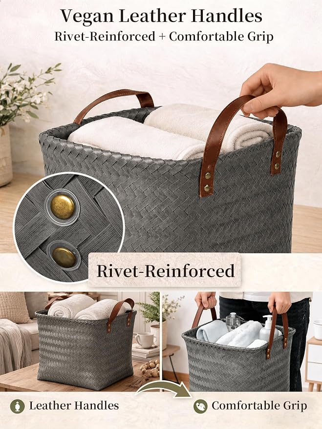 Wicker Storage Baskets, 4 Pack Woven Baskets for Shelves, Grey | PP Rattan, Water-resistant Wicker Basket, Large Baskets with Faux Leather Handles for Blanket, Laundry Organizer, Room Decor