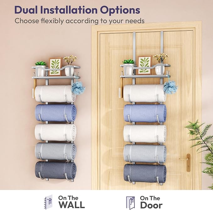 SWTYMIKI Over the Door Towel Rack - 6 Tier Towel Racks for Bathroom Wall Mounted, Towel Holder with Shelf, Hanging Rolled Towel Storage Organizer for Small Bathroom, Camper, RV, Sliver