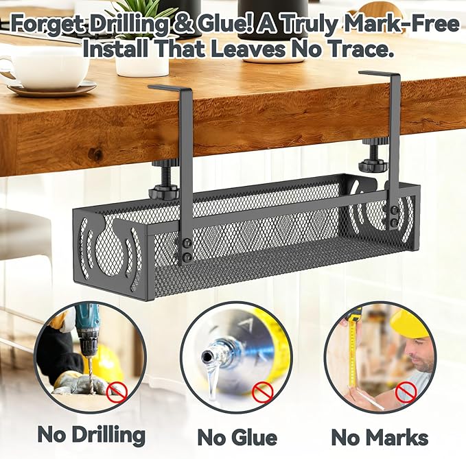 Cable Management, 15'' Under Desk Cable Management Tray No Drill | Metal Cable Organizer with Clamp for Wire Management, Cord Organizer for Home Office, Desk Accessories Organizer, Black