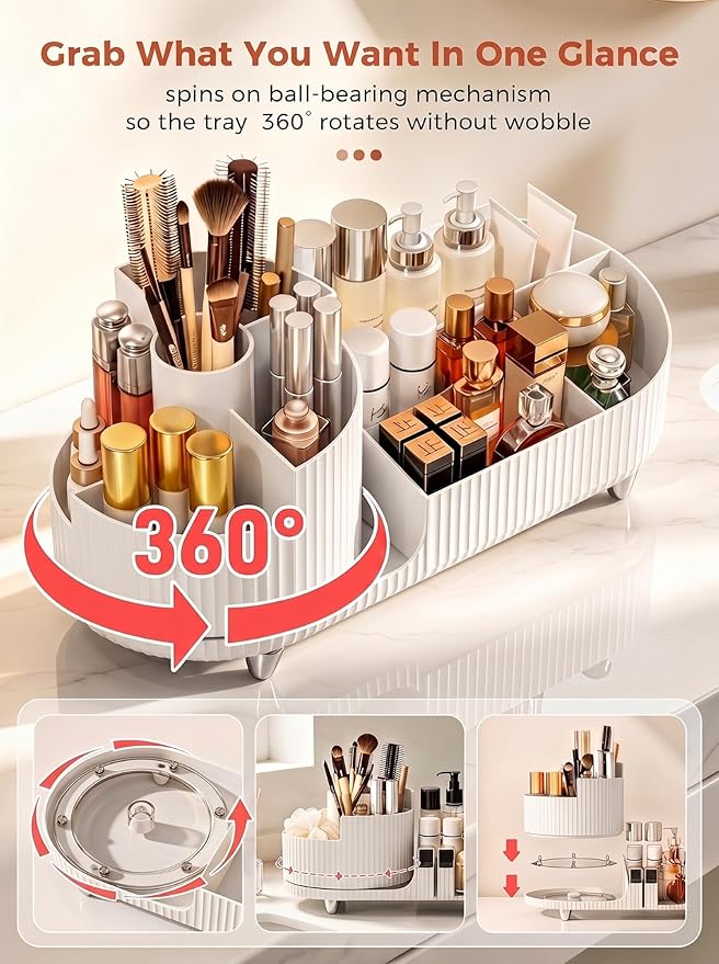 Booklov Rotating Makeup Organizer for Vanity Countertop, White | Plastic Cosmetic Display Case, Large Beauty Brush Holder for Bathroom Counter, Skin Care Perfumes Storage