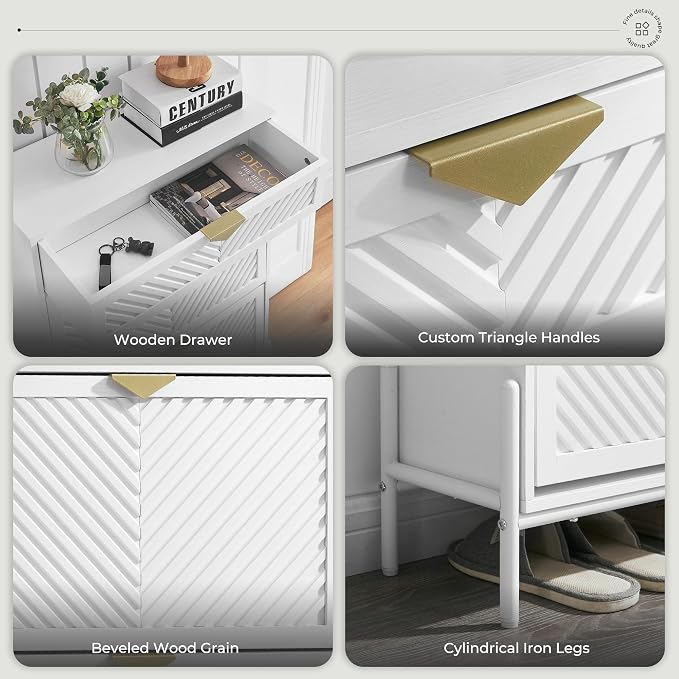 Shoe Cabinet with 2 Flip Drawers, Narrow Entryway Rack, White | Slanted Wood Grain, Freestanding, Adjustable Compartments, Removable Middle Shelf, Metal Handles, for Hallway Foyer Entrance
