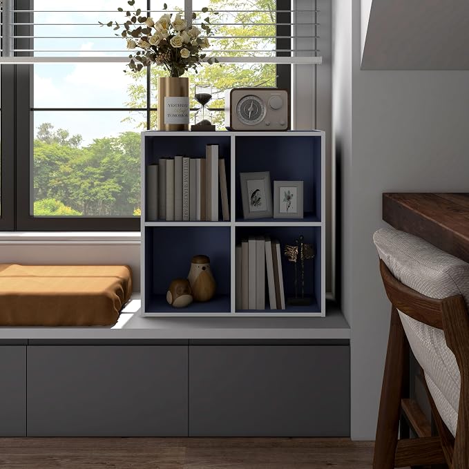 Homes: Inside + Out Apexa 4-Cube Storage Organizer Shelves, Stackable Wood Bookcase Fits Cubby Bins for Organization, Dorm Teen Room Decor & Home Office, Steel Blue