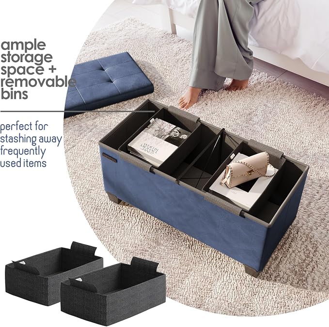 Storage Ottoman Bench with Bins, 30-in Storage Bench for Bedroom End of Bed, Folding Foot Rest Ottoman for Living Room Max 660lbs, Leather Ottomans, Blue