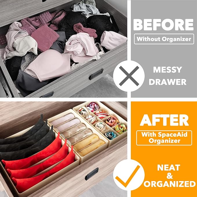 SpaceAid Underwear Drawer Organizer, 4 Pack Dresser Organizer Bins for Nursery, Closet Organization and Storage with Dividers for Baby Clothes Socks Bra Ties Scarf (Beige)